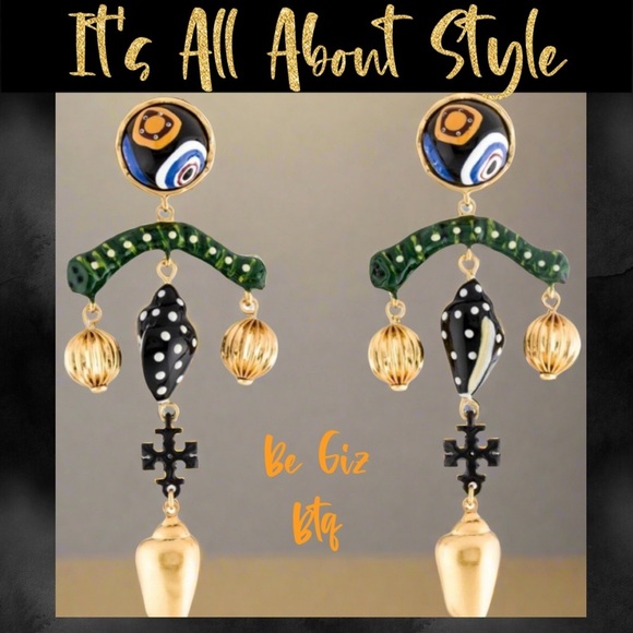 🆕 Tory Burch Authentic Enamel Shell Drop Earrings in Blue And Green